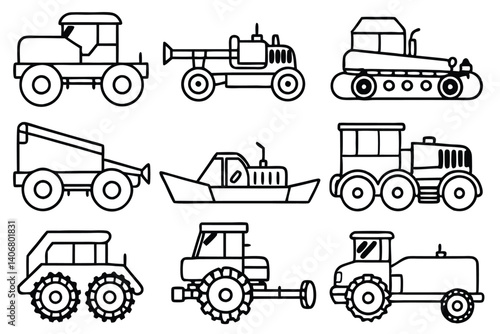 Combine harvester line art working golden wheat