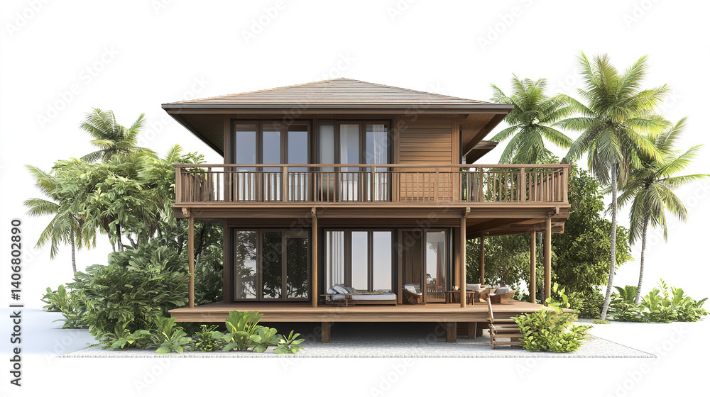 Fototapeta premium Wooden house with tropical plants and palm trees, resort style design