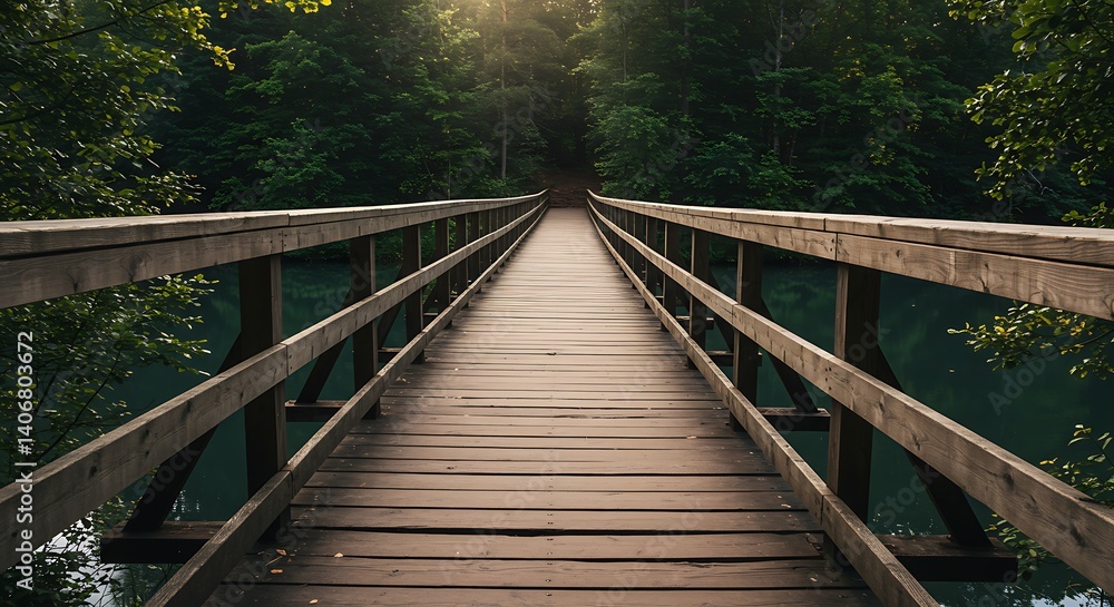 Fototapeta premium Wooden Bridge Pathway: Serene Forest Landscape Photography