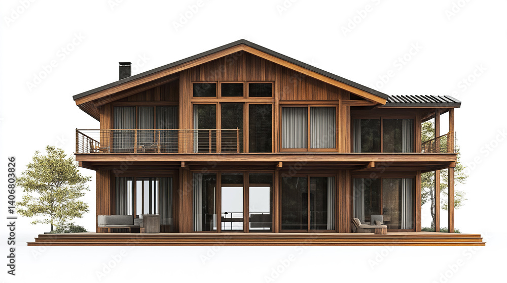 modern wood house with large windows and balcony on white background modern wood house with large windows and balcony on white background