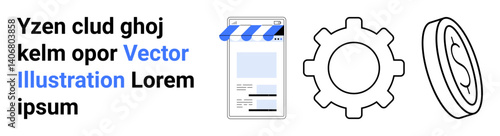 Mobile storefront with awning, gear for settings, coin representing currency. Ideal for e-commerce, finance, technology, marketing, online shopping, startups simple landing page
