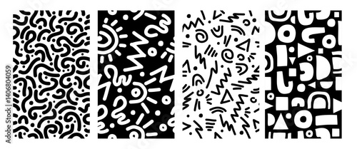 Set of trendy Memphis geometric patterns. Modern basic shapes arrow, triangle, circle, zigzag, spiral, wavy lines. Cool abstract background, retrostyle. Cute kid doodle design
