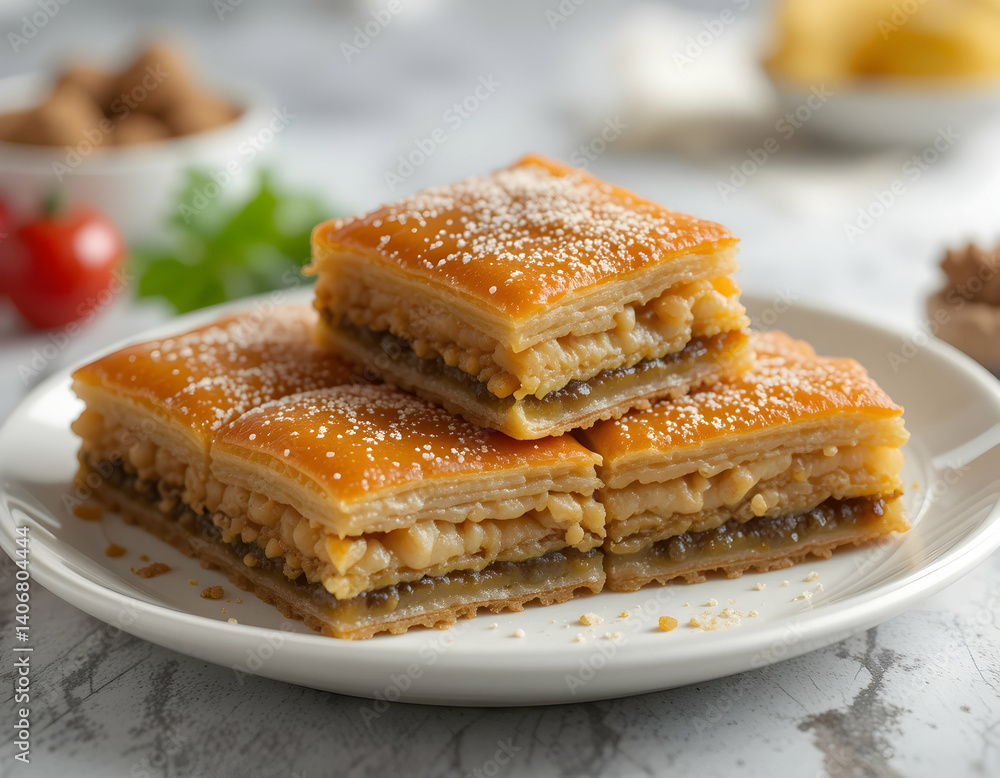 Delicious Baked Pastry Dessert Squares on a White Plate Delicious Baked Pastry Dessert Squares on a White Plate