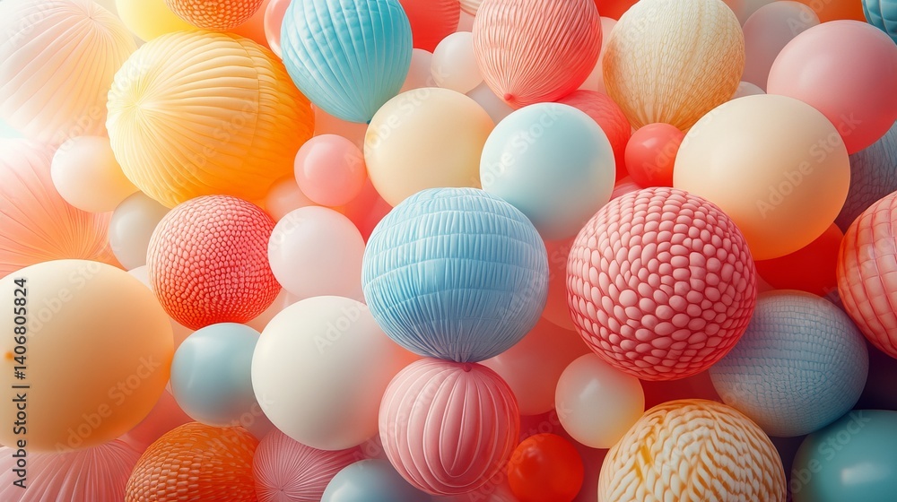 A collection of pastel colored textured balls of various sizes filling the entire frame completely A collection of pastel colored textured balls of various sizes filling the entire frame completely