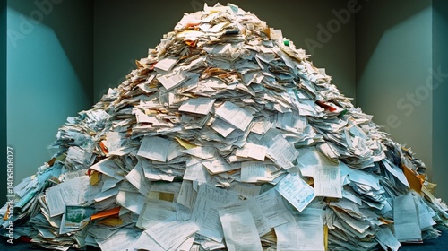 Large Pile of Documents Forms a White Paper Mountain