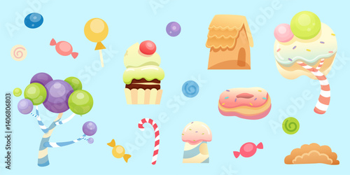Candy land background with sweets and desserts. Lollipop, candy cane, cupcake, donut, candy trees, gingerbread house, colorful candies, ice cream, and candy decorations. Cartoon vector illustration