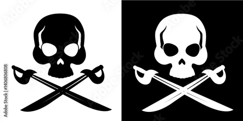 Black and white Jolly Roger pirate symbol featuring skull with hollow eyes and two crossed swords. Sea adventure, pirates, danger emblem. Isolated flat vector illustrations set.