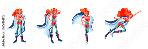 Superhero woman in red and blue costume with cape. Set of powerful poses: standing, searching, ready to fight, and flying. Vector illustration of cartoon female hero isolated on white background.