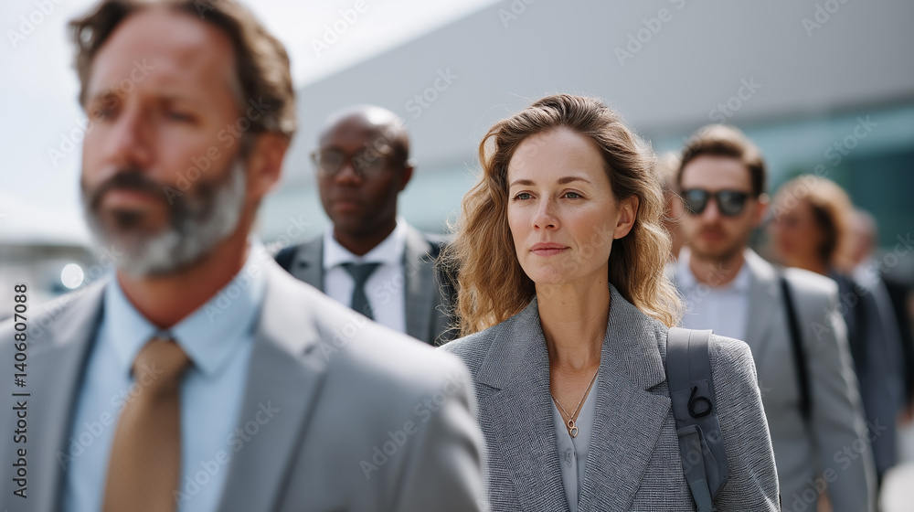 Businesspeople confidently stroll out of a modern office building, engaging in conversation and exchanging ideas as they navigate the bustling urban environment Businesspeople confidently stroll out of a modern office building, engaging in conversation and exchanging ideas as they navigate the bustling urban environment