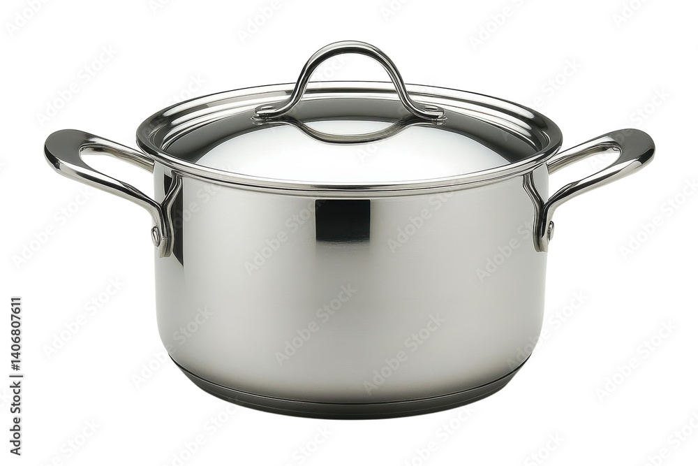 Stainless steel cooking pot with lid on white background in a kitchen setting Stainless steel cooking pot with lid on white background in a kitchen setting