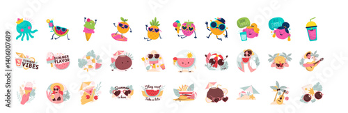 set of vector illustrations of summer and beach stickers