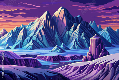 Majestic mountain peaks vector and turquoise glaciers glistening under a purple sky, Simple cartoon design Flat style illustration, winter landscape