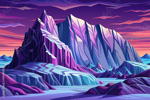 Majestic mountain peaks vector and turquoise glaciers glistening under a purple sky, Simple cartoon design Flat style illustration, winter landscape