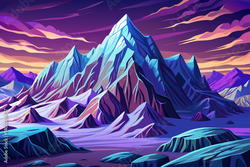 Majestic mountain peaks vector and turquoise glaciers glistening under a purple sky, Simple cartoon design Flat style illustration, winter landscape