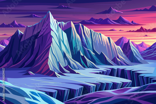 Majestic mountain peaks vector and turquoise glaciers glistening under a purple sky, Simple cartoon design Flat style illustration, winter landscape
