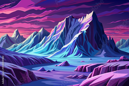 Majestic mountain peaks vector and turquoise glaciers glistening under a purple sky, Simple cartoon design Flat style illustration, winter landscape