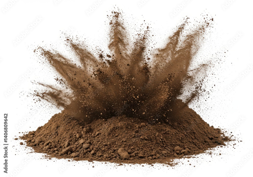 A pile of brown dirt with a cloud of dirt particles exploding upwards on a white background A pile of brown dirt with a cloud of dirt particles exploding upwards on a white background