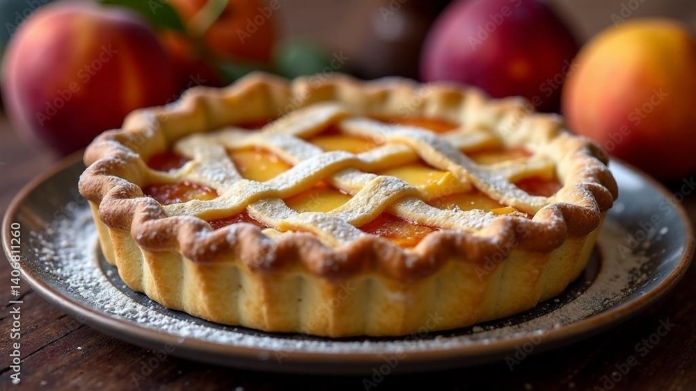 Delicious peach tart garnished with powdered sugar and fresh peaches on a wooden table Delicious peach tart garnished with powdered sugar and fresh peaches on a wooden table