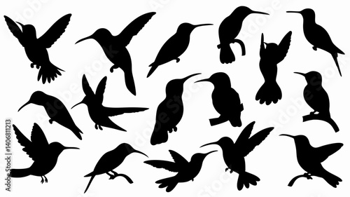 set of hummingbird silhouette vector on white background