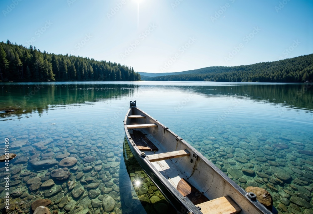 Serene canoe floating on calm lake surrounded by lush forest Serene canoe floating on calm lake surrounded by lush forest