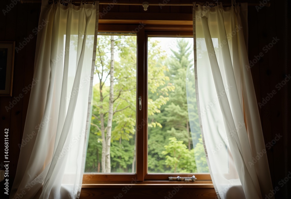 Serene window view with sheer curtains overlooking green trees Serene window view with sheer curtains overlooking green trees