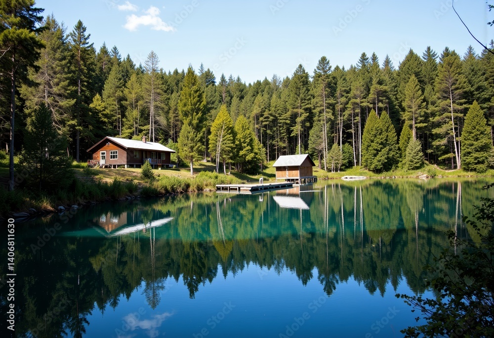 Fototapeta premium Tranquil lake reflecting serene cabins in a forest setting 