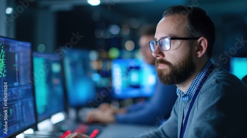Focused software engineer manages cybersecurity protocols and data sync in a dynamic tech environment, surrounded by AI research teams.