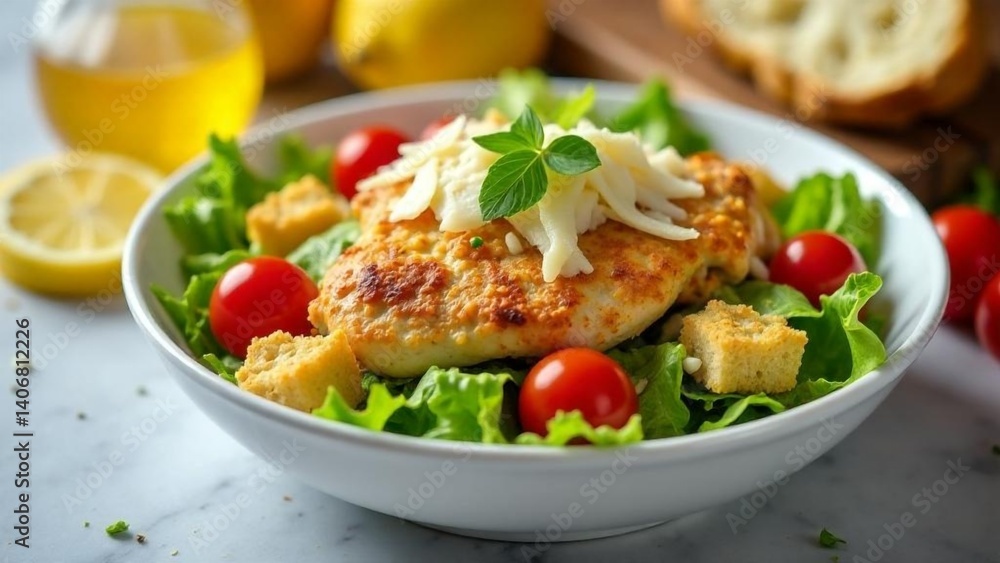 Fresh salad with grilled chicken, cherry tomatoes, croutons, and lemon dressing served on a rustic kitchen table Fresh salad with grilled chicken, cherry tomatoes, croutons, and lemon dressing served on a rustic kitchen table