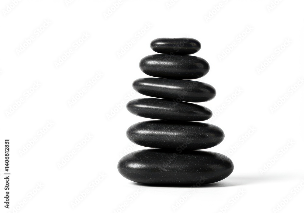 A monochrome image showcasing a balanced stack of smooth stones on a white background in the center A monochrome image showcasing a balanced stack of smooth stones on a white background in the center