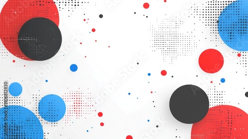 Abstract background with circles in red, blue, and black colors, overlaid with halftone patterns on a white backdrop.