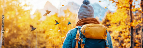 Concept: Autumn Journey. Holiday: Thanksgiving day. Purpose: Blog post, print. Woman hiking during fall season watching the migratory birds fly