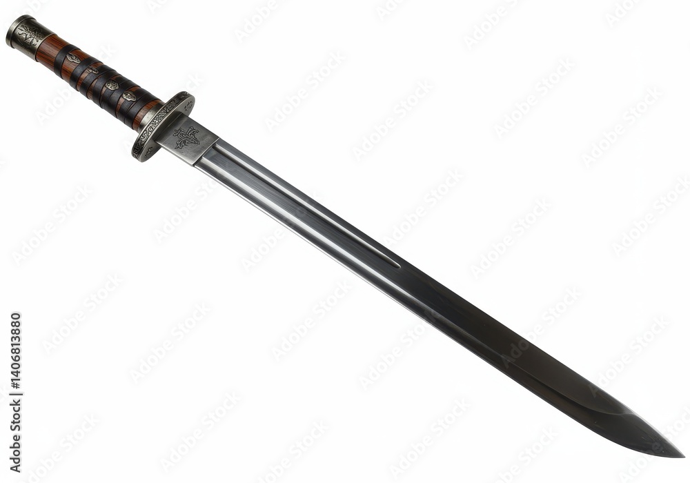 A detailed view of a medieval sword with a leather wrapped handle and a sharp metal blade shown isolated A detailed view of a medieval sword with a leather wrapped handle and a sharp metal blade shown isolated