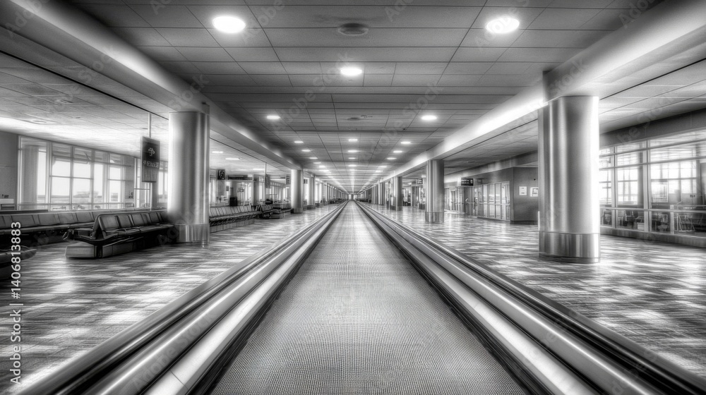 Fototapeta premium Airport Moving Walkway: Black And White Interior