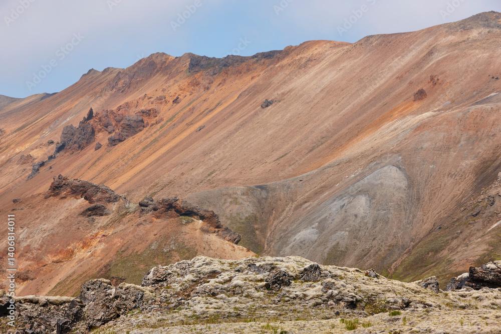 Fjallabak area. Volcanic landscape with rhyolite formations. South area. Iceland.