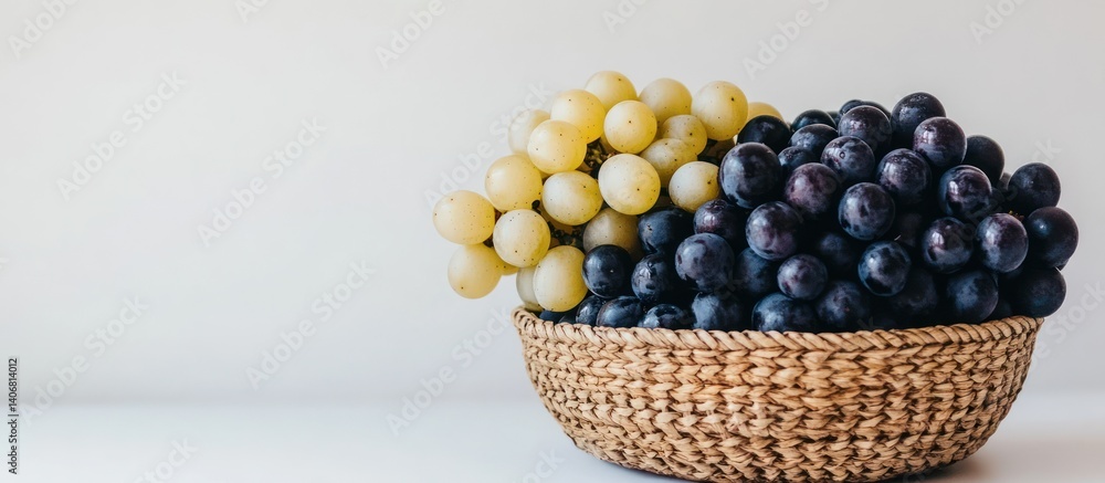Green & purple grapes in basket, white background Green & purple grapes in basket, white background