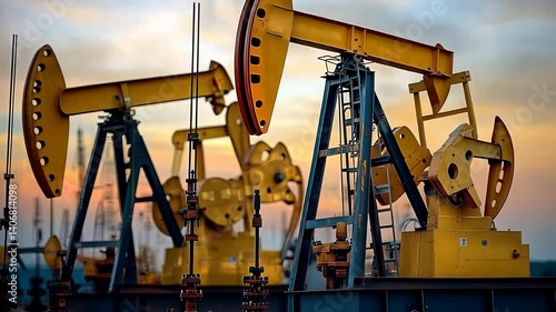 Wallpaper Mural Oil Pump Jacks in Oil Field with Sunset and Golden Sky

 Torontodigital.ca