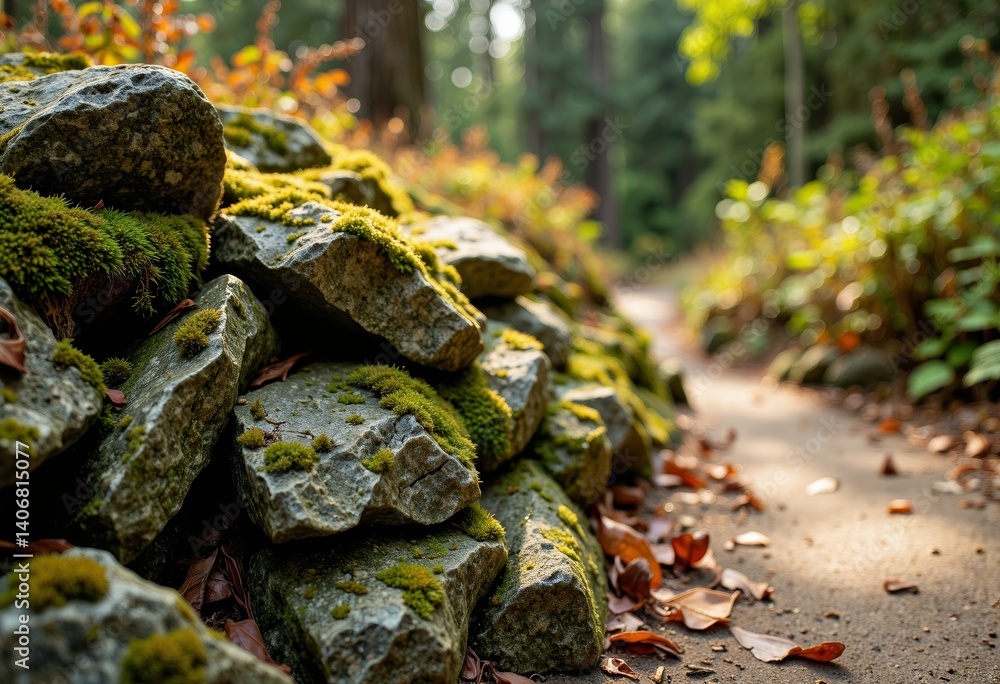 Mossy stones lining a pathway in a serene forest Mossy stones lining a pathway in a serene forest