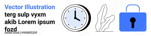Clock indicating time, abstract plant symbolizing growth, and a padlock signifying security. Ideal for productivity, safety, time management, growth, planning, digital security simple landing page