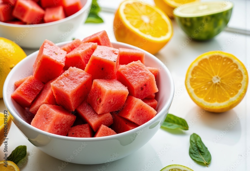 Fresh Watermelon Cubes with Citrus Fruits on a Clean Table Fresh Watermelon Cubes with Citrus Fruits on a Clean Table