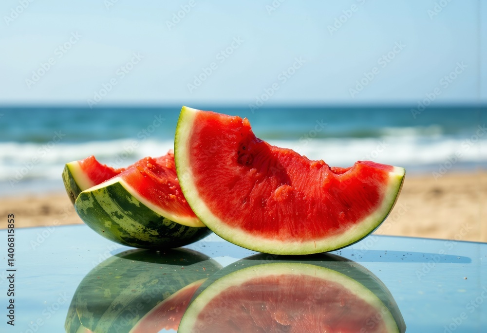 Sliced watermelon reflecting on glass table by the beach Sliced watermelon reflecting on glass table by the beach