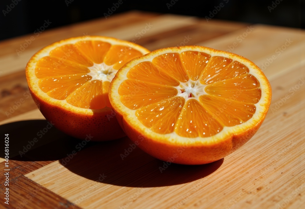 Freshly Cut Oranges Halved on a Wooden Cutting Board  