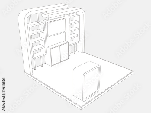 3d illustration stand booth 3x3 m simple minimalis design with blank LED TV screen logo company for event exhibition. Vector editable sketch outline drawing coloring isolated background.