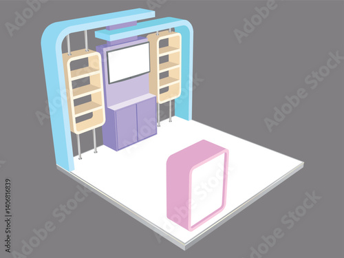 3d illustration stand booth 3x3 m simple minimalis design with blank LED TV screen logo company for event exhibition. Vector editable sketch outline drawing coloring isolated background.