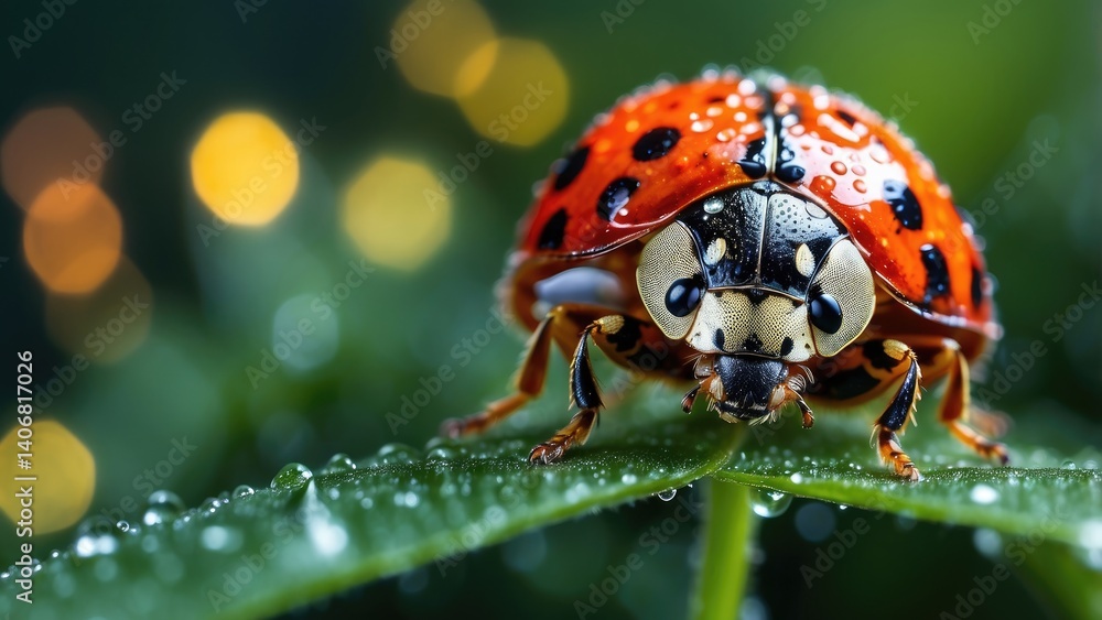 Fototapeta premium A close-up photo of a ladybug covered in water droplets on a grass blade during a rainfall