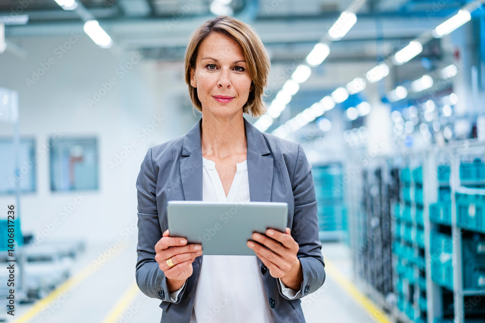 Businesswoman in a production hall holding a tablet Businesswoman in a production hall holding a tablet