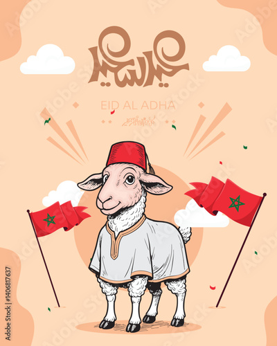 Adobe IllusMoroccan cartoon sheep wearing traditional clothes and fez hat standing proudly with Moroccan flags under Arabic Eid greeting on pastel background. Perfect for Eid al-Adha cultrator Artwork