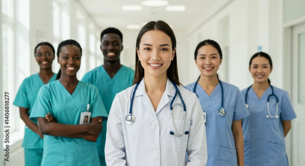Diverse Medical Team in Hospital Corridor Diverse Medical Team in Hospital Corridor