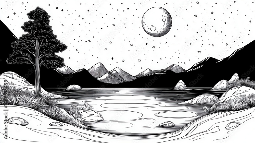 Obraz premium Moonlit Lake at Night Sky Scene