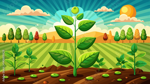 soybean growth in farm with green leaf background. agriculture plant seeding growing step concept
