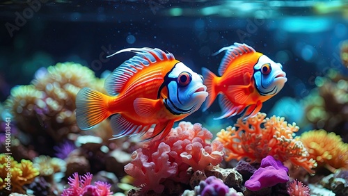 A vibrant, colorful fish with pink and yellow scales swims amidst coral reef.